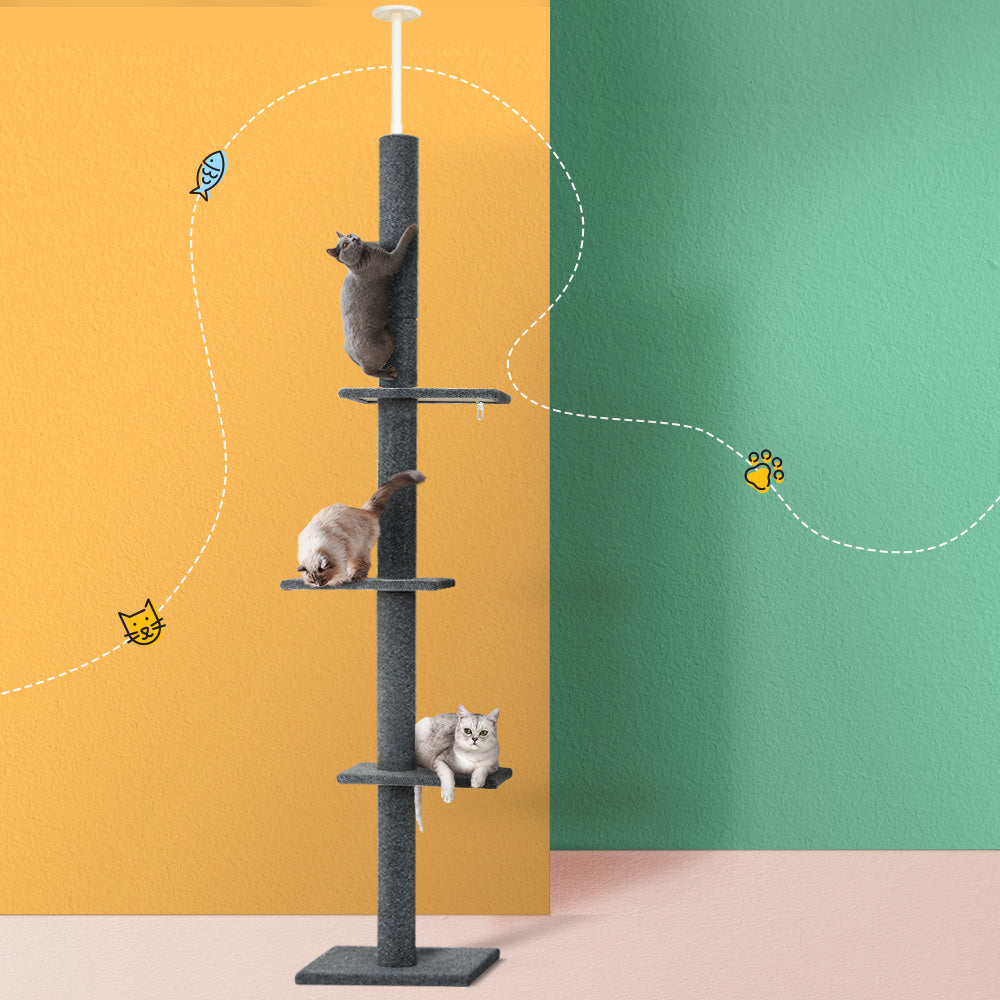 i.Pet Cat Tree 290cm Tower Scratching Post Floor to Ceiling Cats Bed Grey
