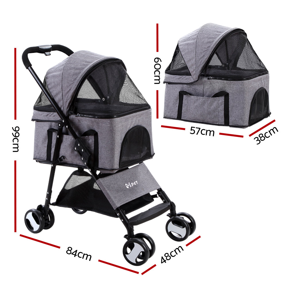 i.Pet Pet Stroller Dog Pram Cat Carrier Large Pushchair Foldable 4 Wheels Grey