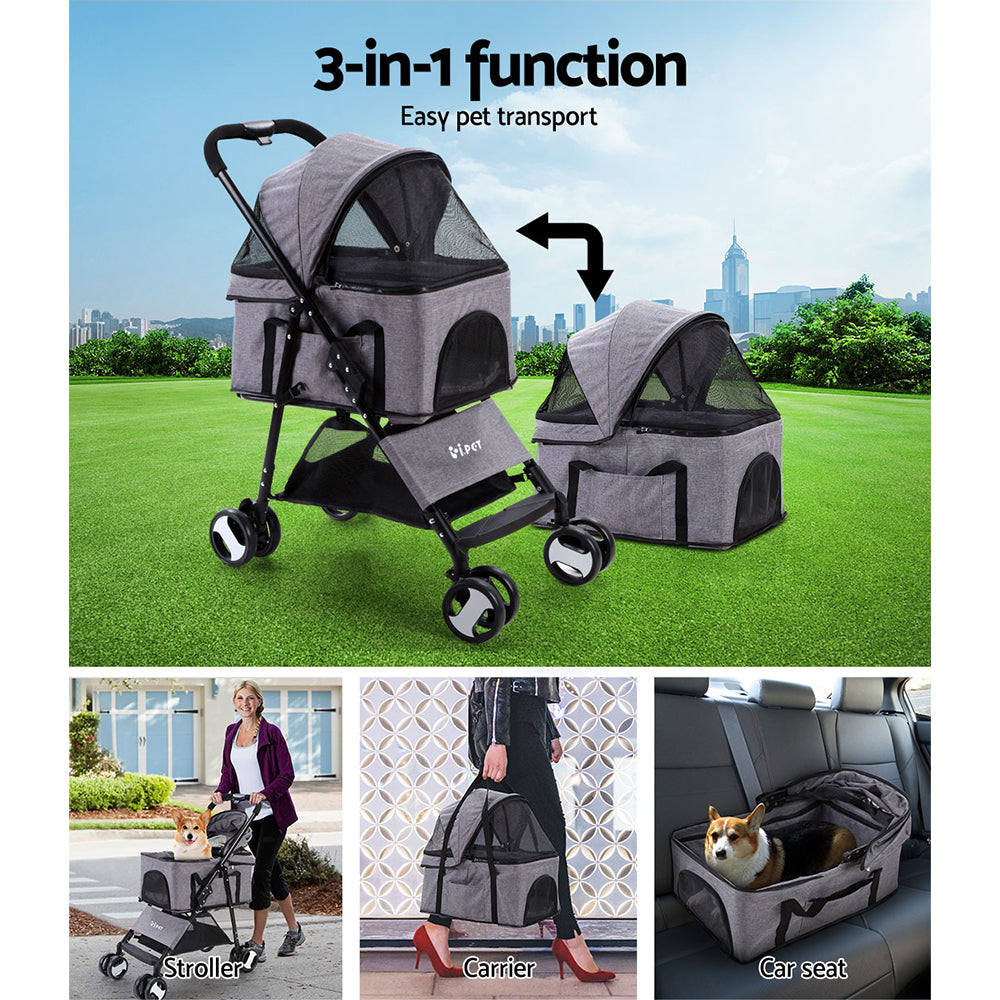 i.Pet Pet Stroller Dog Pram Cat Carrier Large Pushchair Foldable 4 Wheels Grey