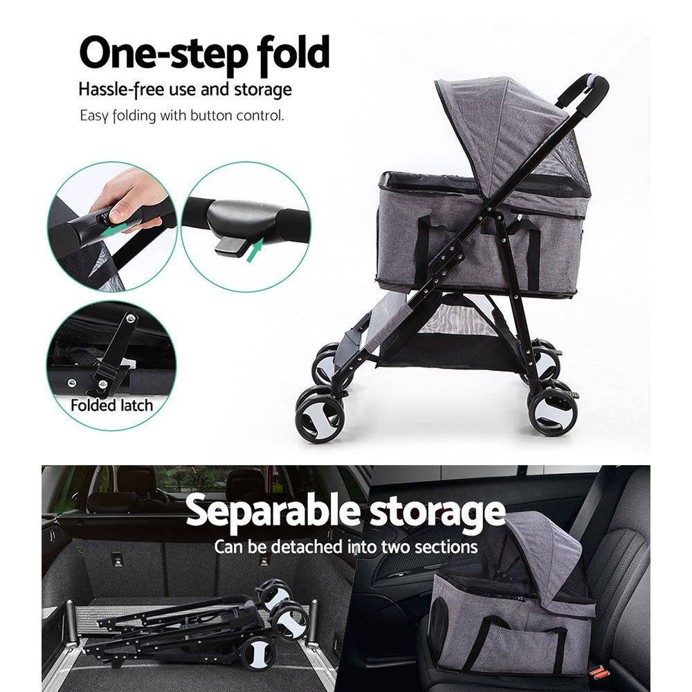 i.Pet Pet Stroller Dog Pram Cat Carrier Large Pushchair Foldable 4 Wheels Grey