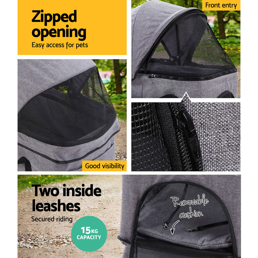 i.Pet Pet Stroller Dog Pram Cat Carrier Large Pushchair Foldable 4 Wheels Grey