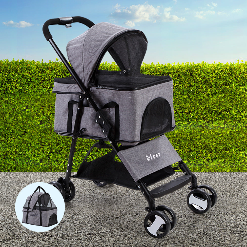 i.Pet Pet Stroller Dog Pram Cat Carrier Large Pushchair Foldable 4 Wheels Grey