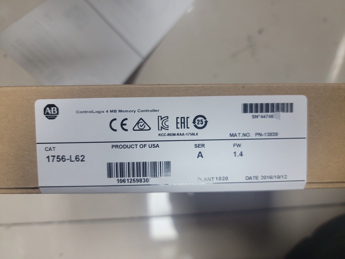 New Allen-Bradley 1756-L62 ControlLogix 4MB Memory Controller