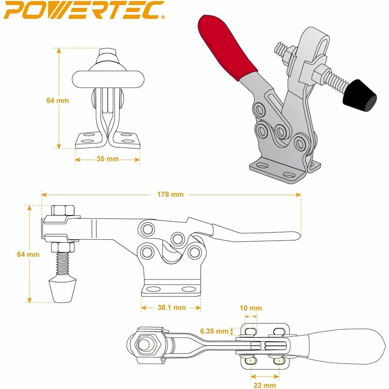 20326 225D Quick Release Horizontal Toggle Clamp - 500 Lb Holding Capacity With Rubber Pressure Tip, 4Pk