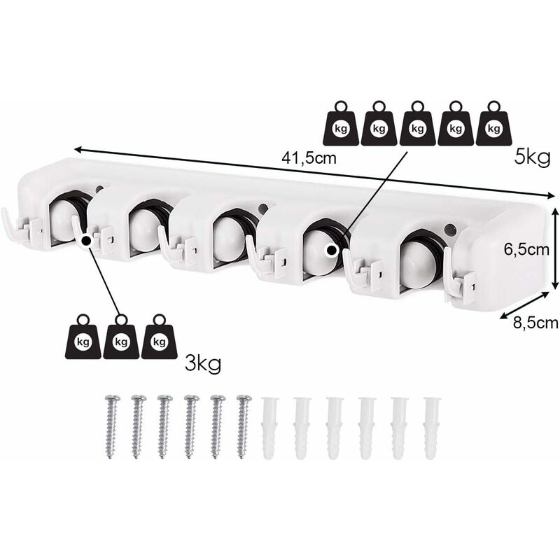 Wall Mounted Broom Holder With 5 Slots And 6 Hooks