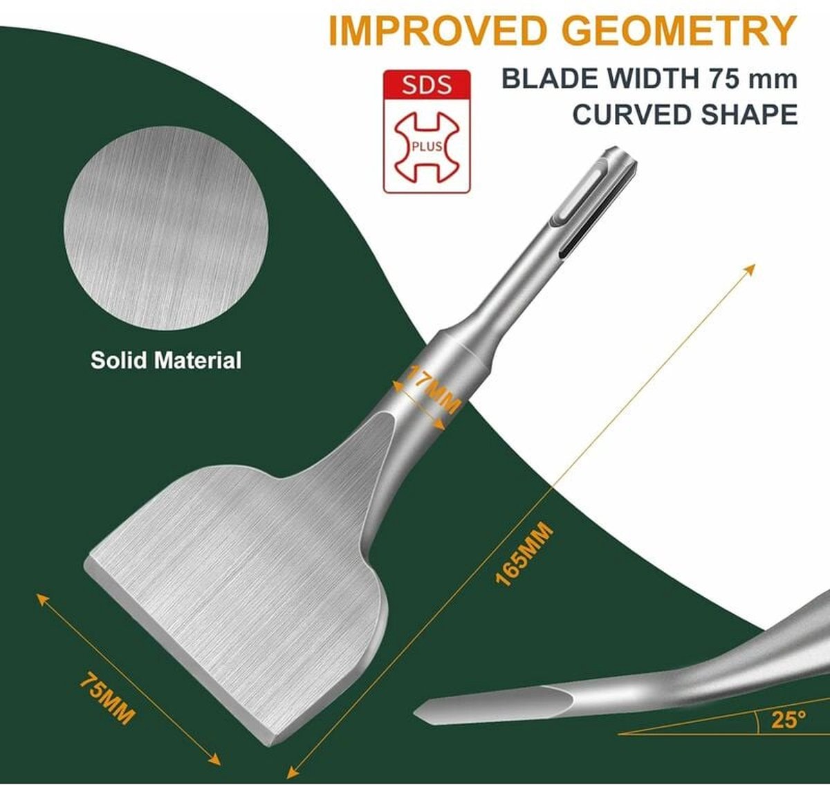 Chisel - 17 * 165 * 75 mm - Tile chisel - slanted chisel - stone chisel - cold chisel - flat chisel - hammer drill chisel - tile chisel for SDS-plus - 40CR chrome steel - silver - 25° bend - for tiles concrete stone masonry