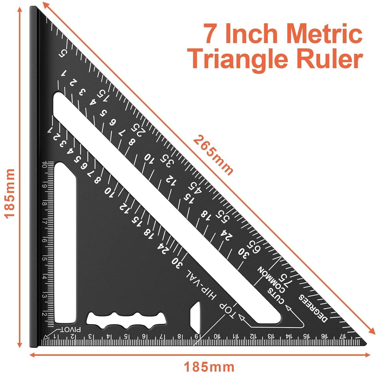 180mm Carpenter's Angle - Aluminum Ruler - Triangular Carpenter's Angle 45/90 Degrees - Carpenter's Square - High Precision Measuring Tool - For Carpenter, Roofer, Engineer - Black