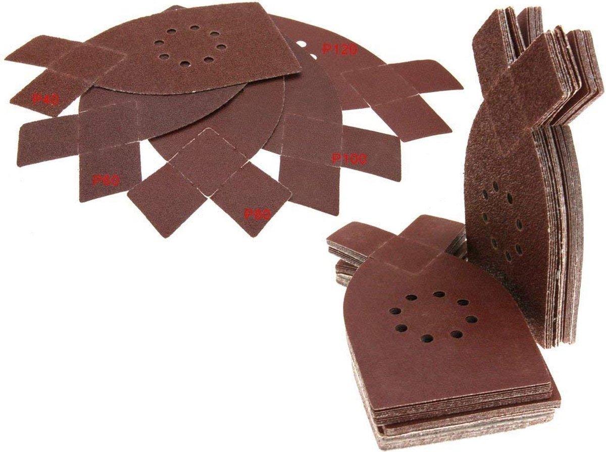 50 pieces - sandpaper - P40/60/80/100/120 grit - grit sandpaper for multi-sander - For wood and metal - 205*175*105MM (205mm at the tip of the ear) - self-adhesive - hook and loop - 8-hole sanding pads - sanders