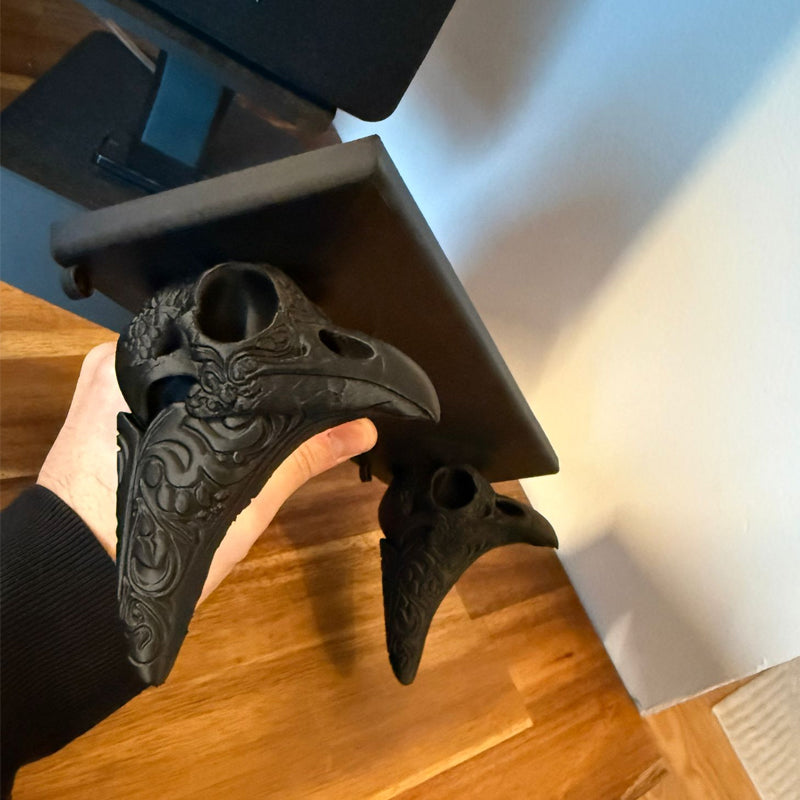 3D-printed crow skull wall mount adds a touch of mystery