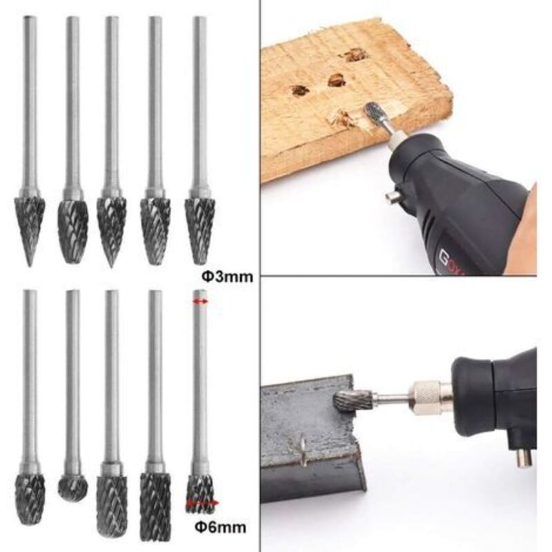 10pcs Double Cut Tungsten Steel Rotary Files with 3mm Shank,