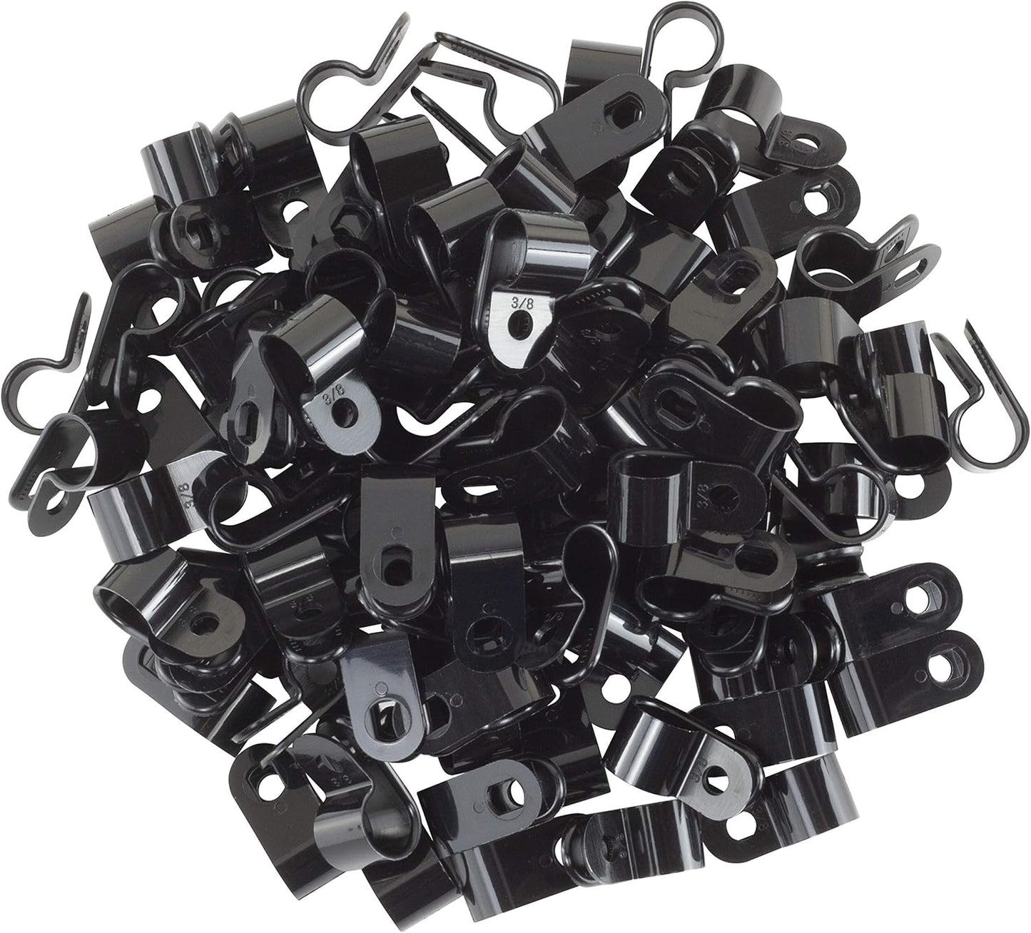 Black Nylon Plastic Cable Clamps, 3/8" Screw Mounts for Cable, Rope, Tube Management, 100 Pack