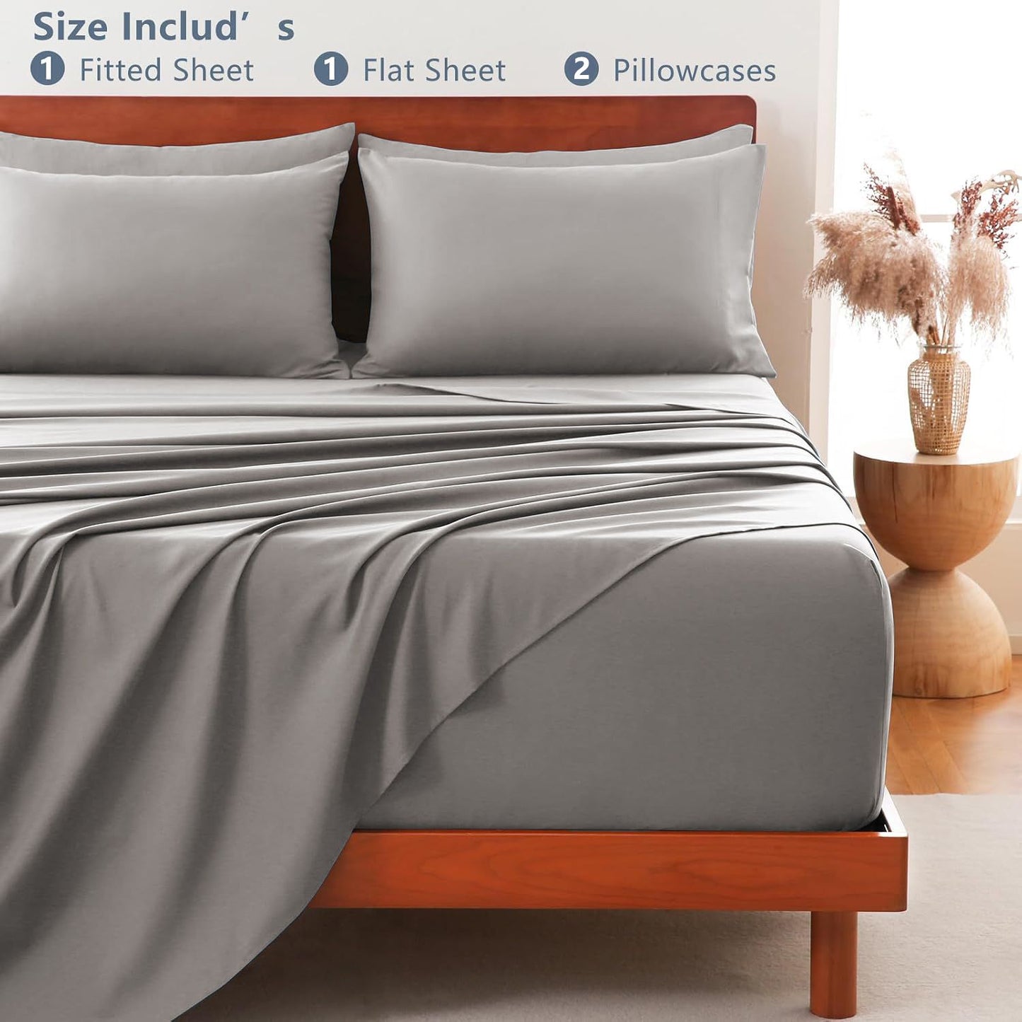 Hotel Soft Bed Sheet Set- Bedding Sheets & Pillowcases -Breathable Bedding - Wrinkle, Fade, Stain Resistant-Deep Pocket Flat Fitted Bed Sheet Set(Grey,King Single)
