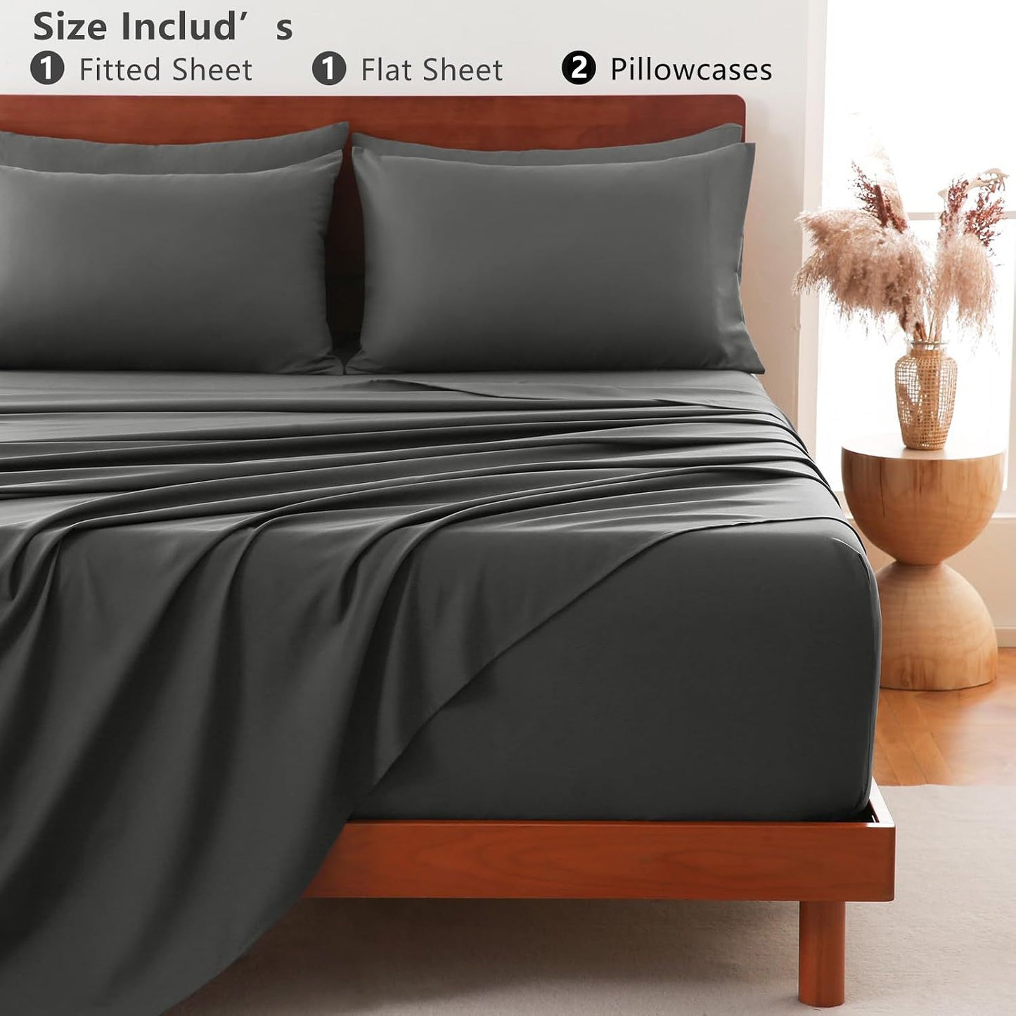 Hotel Soft Bed Sheet Set- Bedding Sheets & Pillowcases -Breathable Bedding - Wrinkle, Fade, Stain Resistant-Deep Pocket Flat Fitted Bed Sheet Set(Dark gray,King Single)