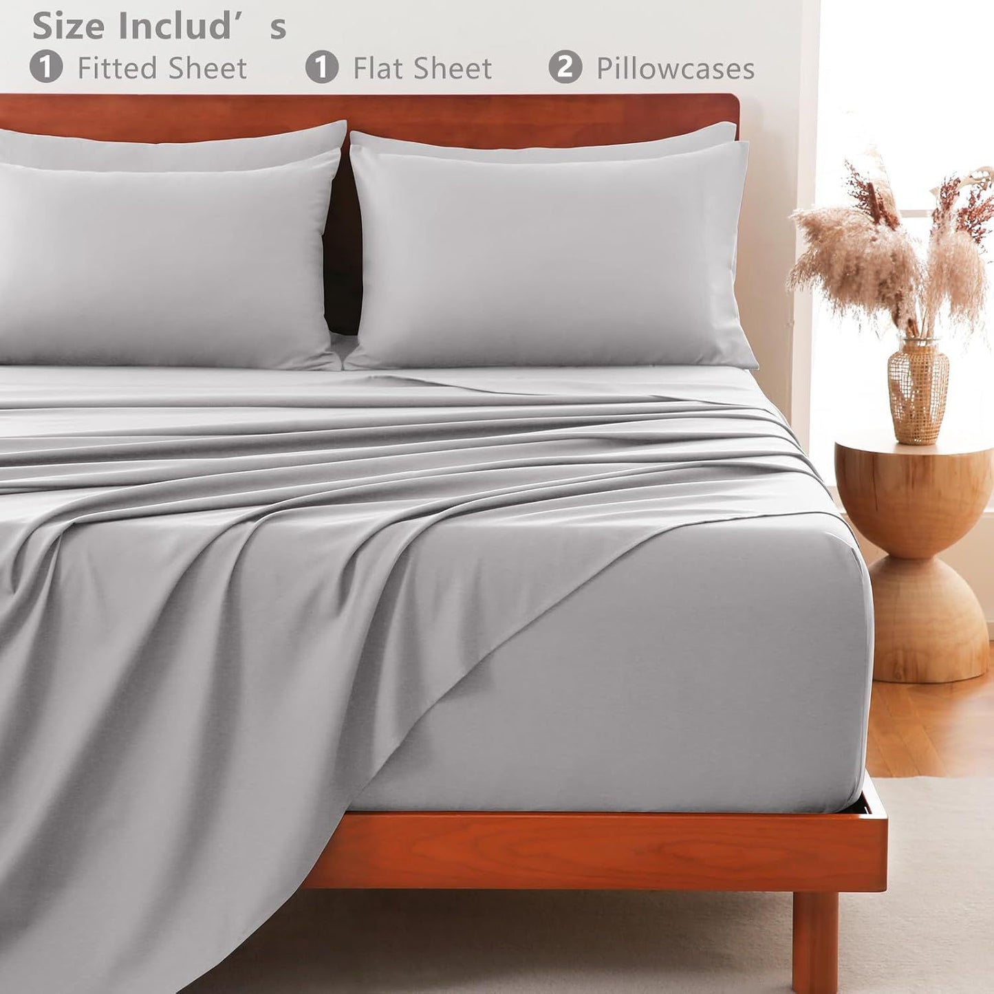 Hotel Soft Bed Sheet Set- Bedding Sheets & Pillowcases -Breathable Bedding - Wrinkle, Fade, Stain Resistant-Deep Pocket Flat Fitted Bed Sheet Set(Silver-gray,King Single)