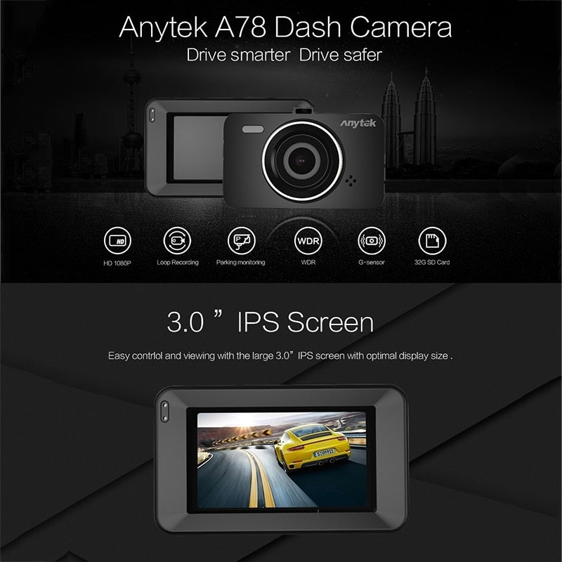 Anytek A78 Car Dash Cam Full HD 1080P Car DVR 170 Degree Wide Angle