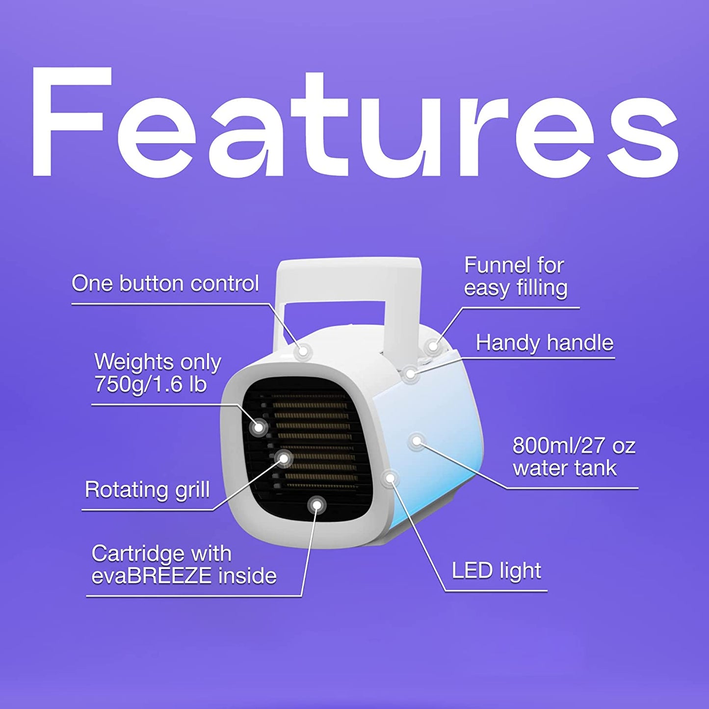 Evapolar evaCHILL - Personal Portable Air Cooler and Humidifier, with USB Connectivity and LED Light, Grey