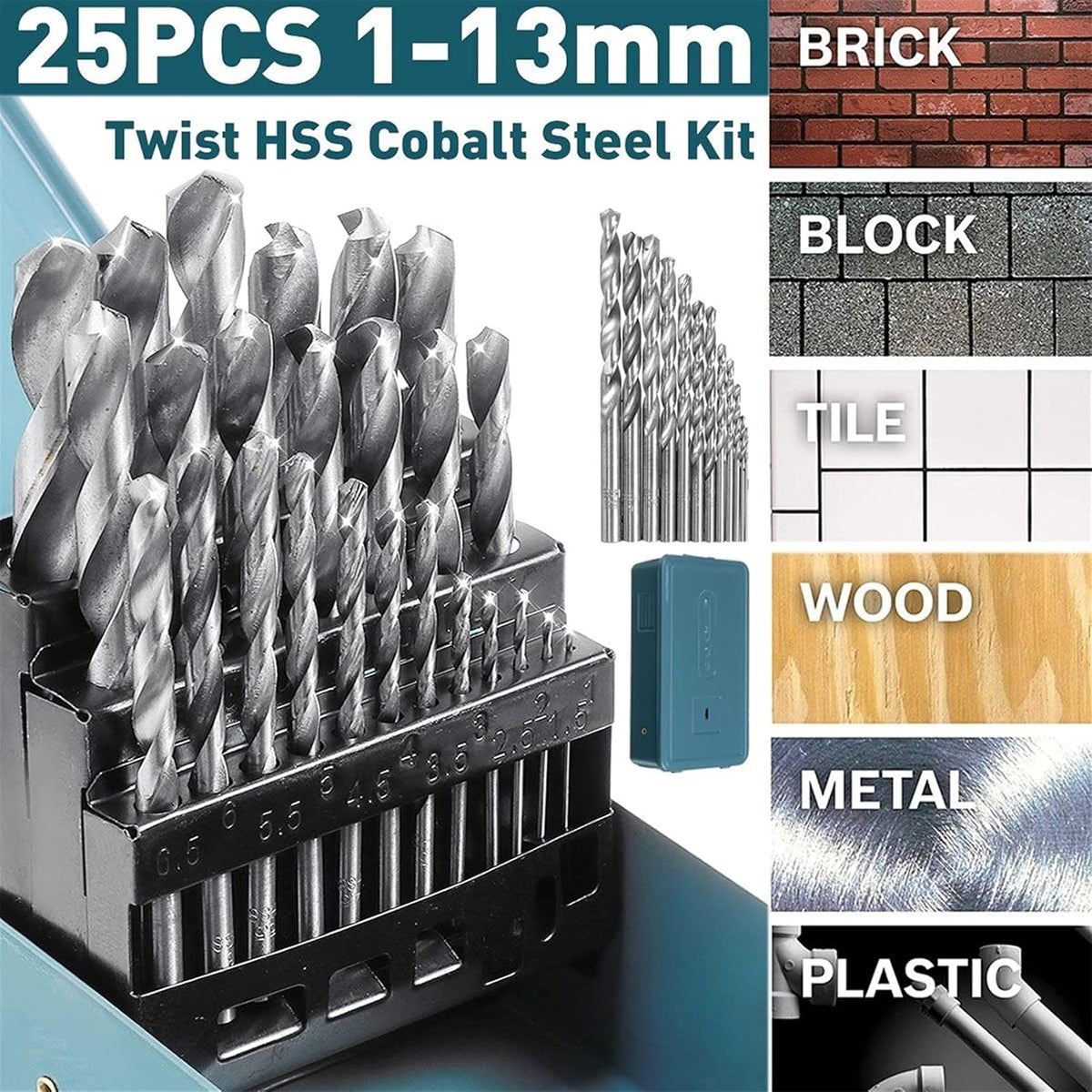 Drill Bits Set Metric Metal Twist High Speed HSS Steel Case 25pcs Coated