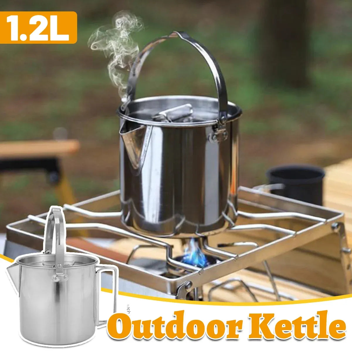 1.2L Portable Stainless Steel Camping Kettle Cookware For Hiking Outdoor Picnic