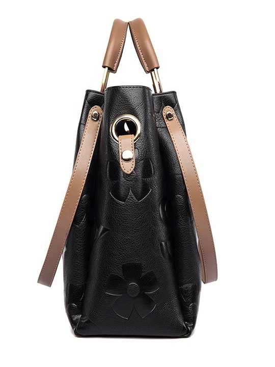 Black Elegant Embossed PU Leather Tote Bag for Women - Large Capacity Handbag with Inner Pouch