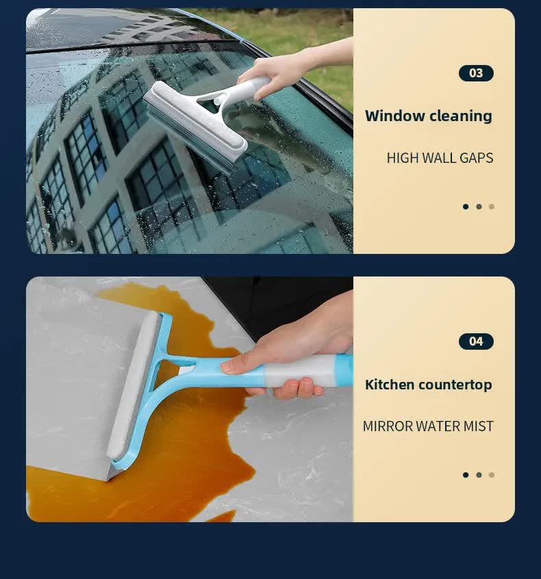 Blue 3-in-1 Window Squeegee with Built-in Spray Bottle - Dual Sided Sponge Glass Cleaner