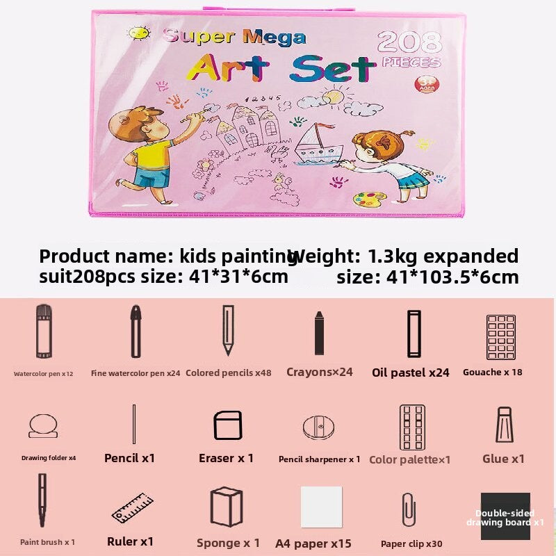 Blue 208-Piece Kids Art Set with Built-in Trifold Easel Drawing and Painting Kit