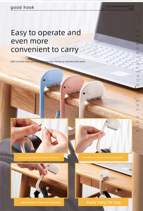 Cartoon Elephant Desk Side Bag Hook Pink Portable Adhesive Schoolbag