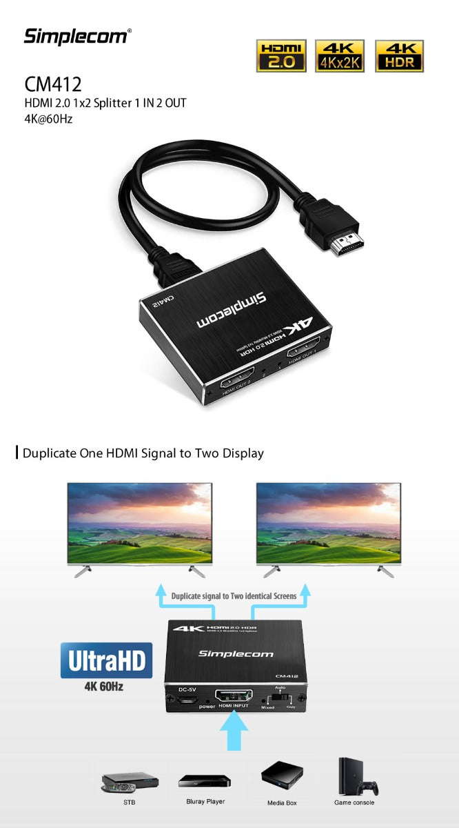 Simplecom CM412 HDMI 2.0 1x2 Splitter 1 IN 2 Out 4K@60Hz HDR10
