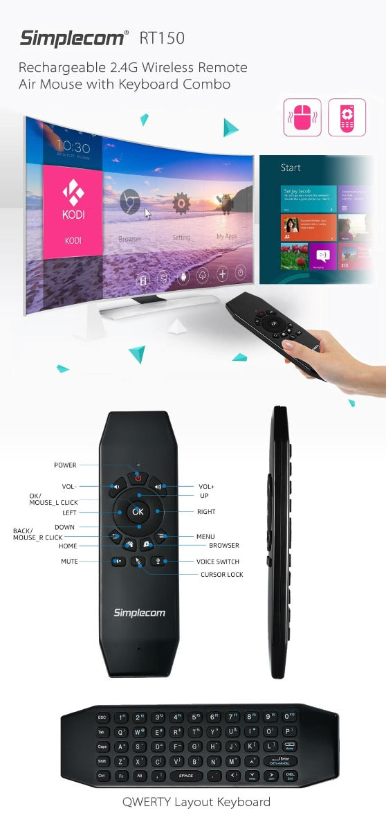 Simplecom RT150 2.4GHz Wireless Remote Air Mouse Keyboard