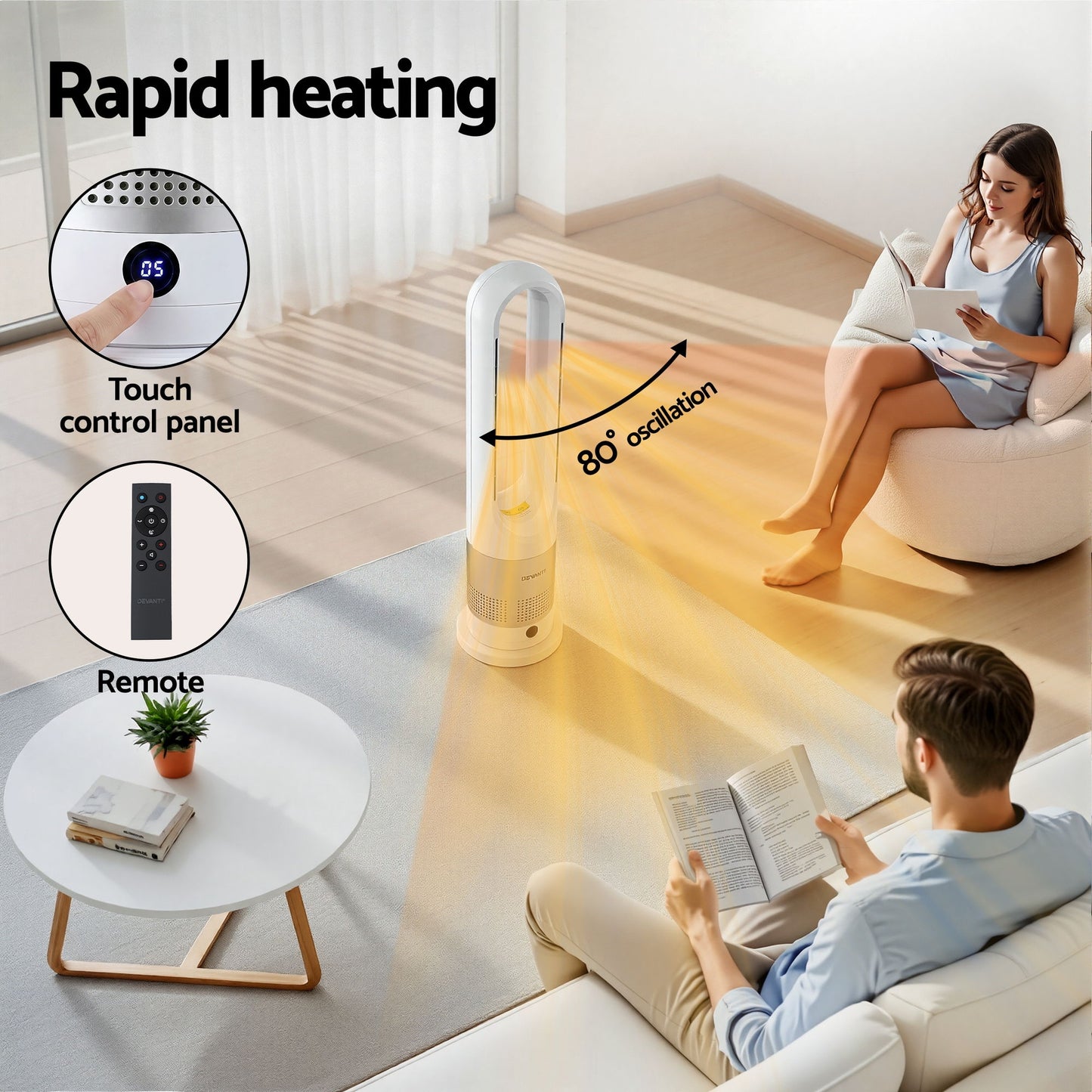 Devanti Bladeless Tower Fan Heater and Cooler 2in1 Portable Oscillation Fan