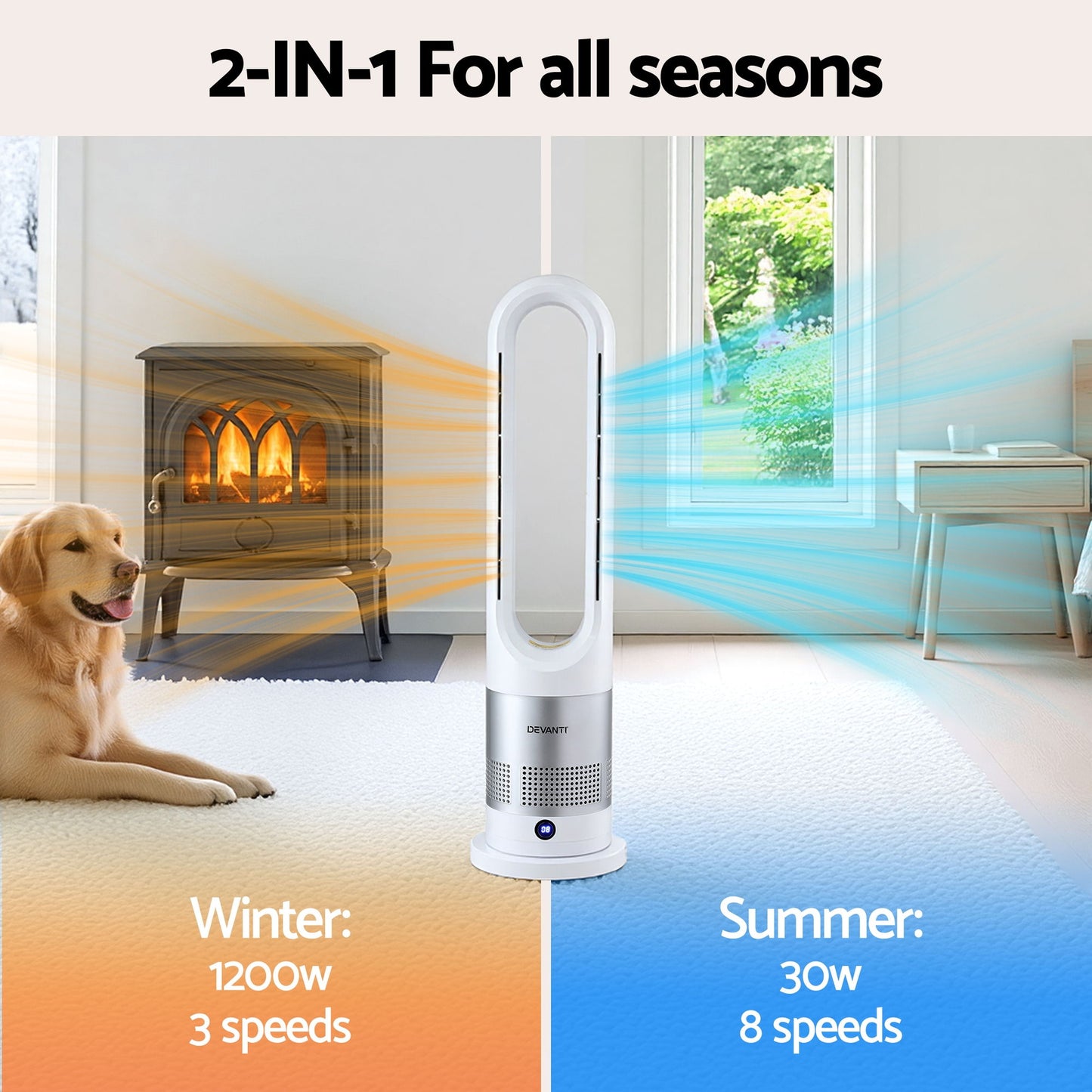 Devanti Bladeless Tower Fan Heater and Cooler 2in1 Portable Oscillation Fan