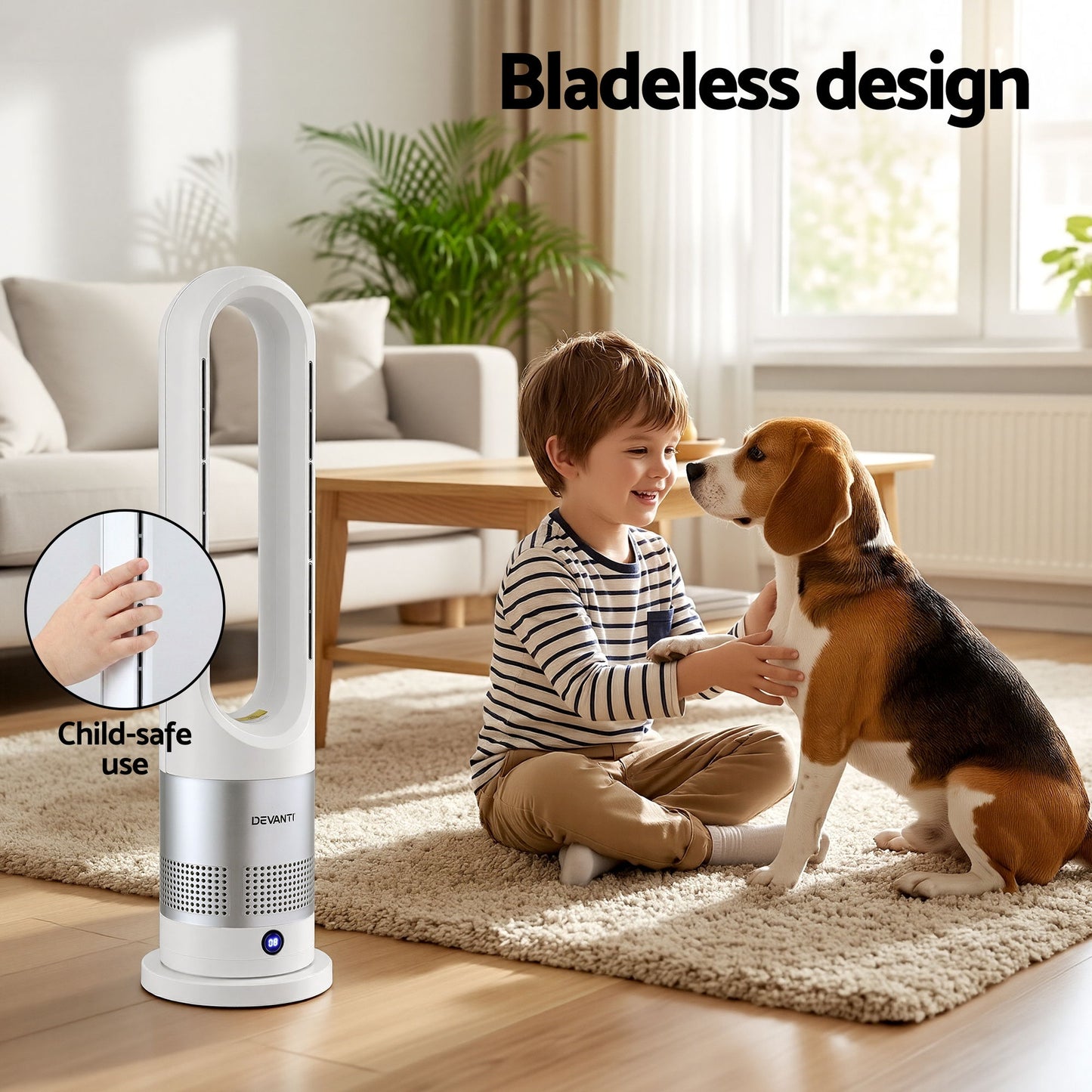 Devanti Bladeless Tower Fan Heater and Cooler 2in1 Portable Oscillation Fan
