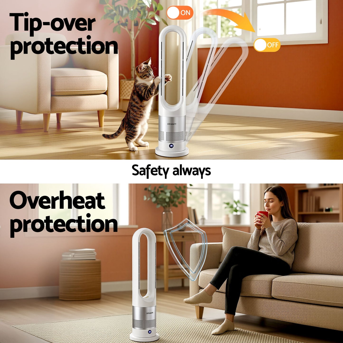 Devanti Bladeless Tower Fan Heater and Cooler 2in1 Portable Oscillation Fan