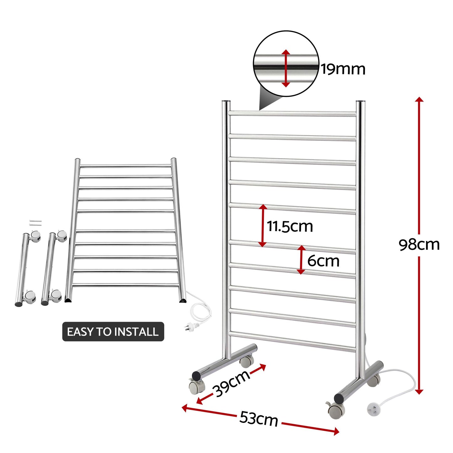 Devanti 10-Bar Freestanding Heated Towel Rail 3-5 Mins Fast Heating Electric.