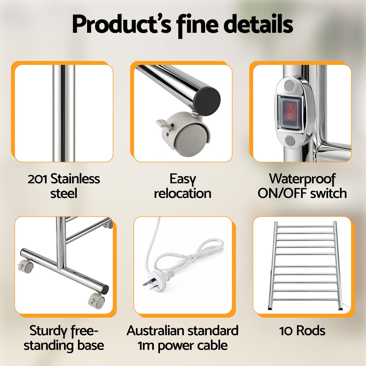 Devanti 10-Bar Freestanding Heated Towel Rail 3-5 Mins Fast Heating Electric.