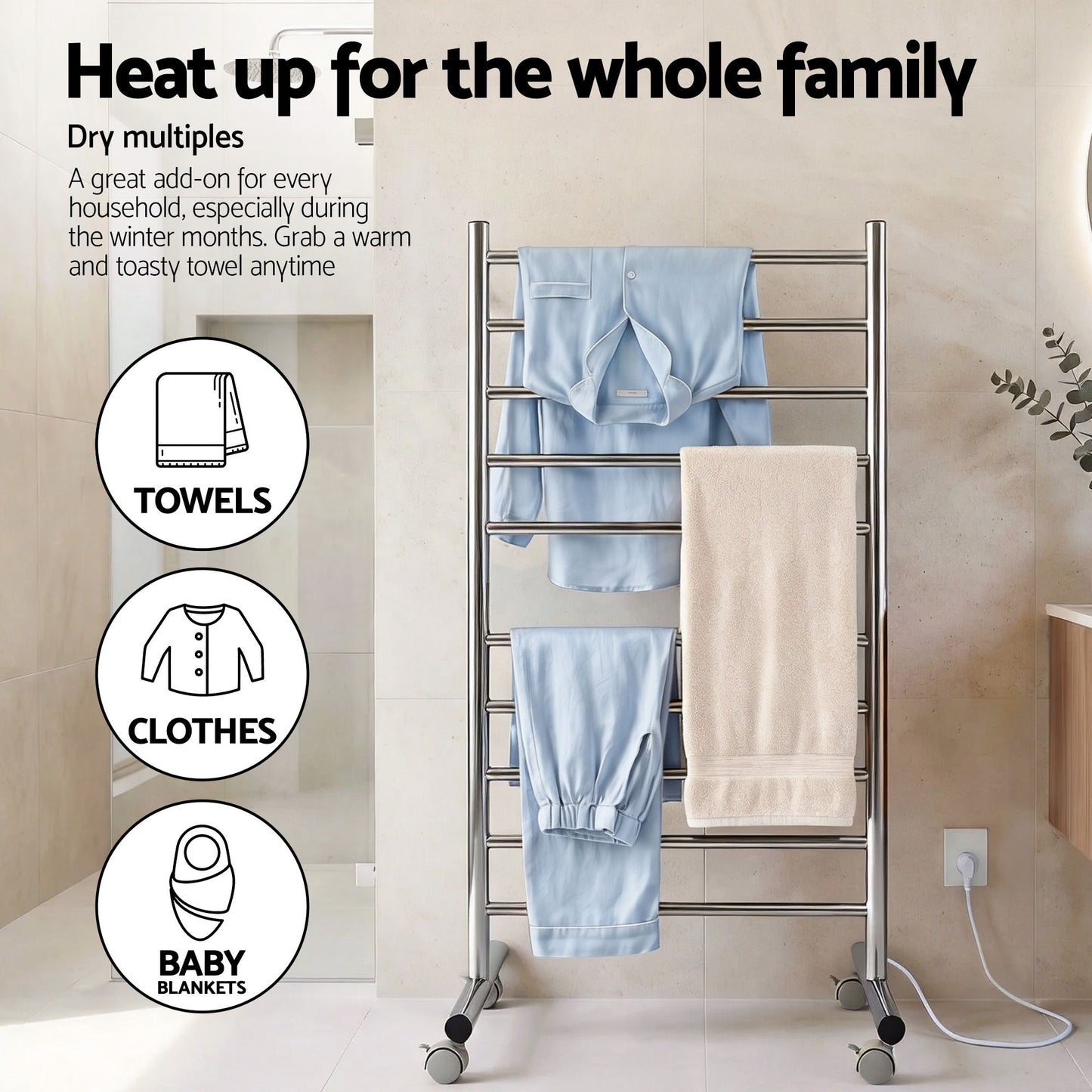 Devanti 10-Bar Freestanding Heated Towel Rail 3-5 Mins Fast Heating Electric.