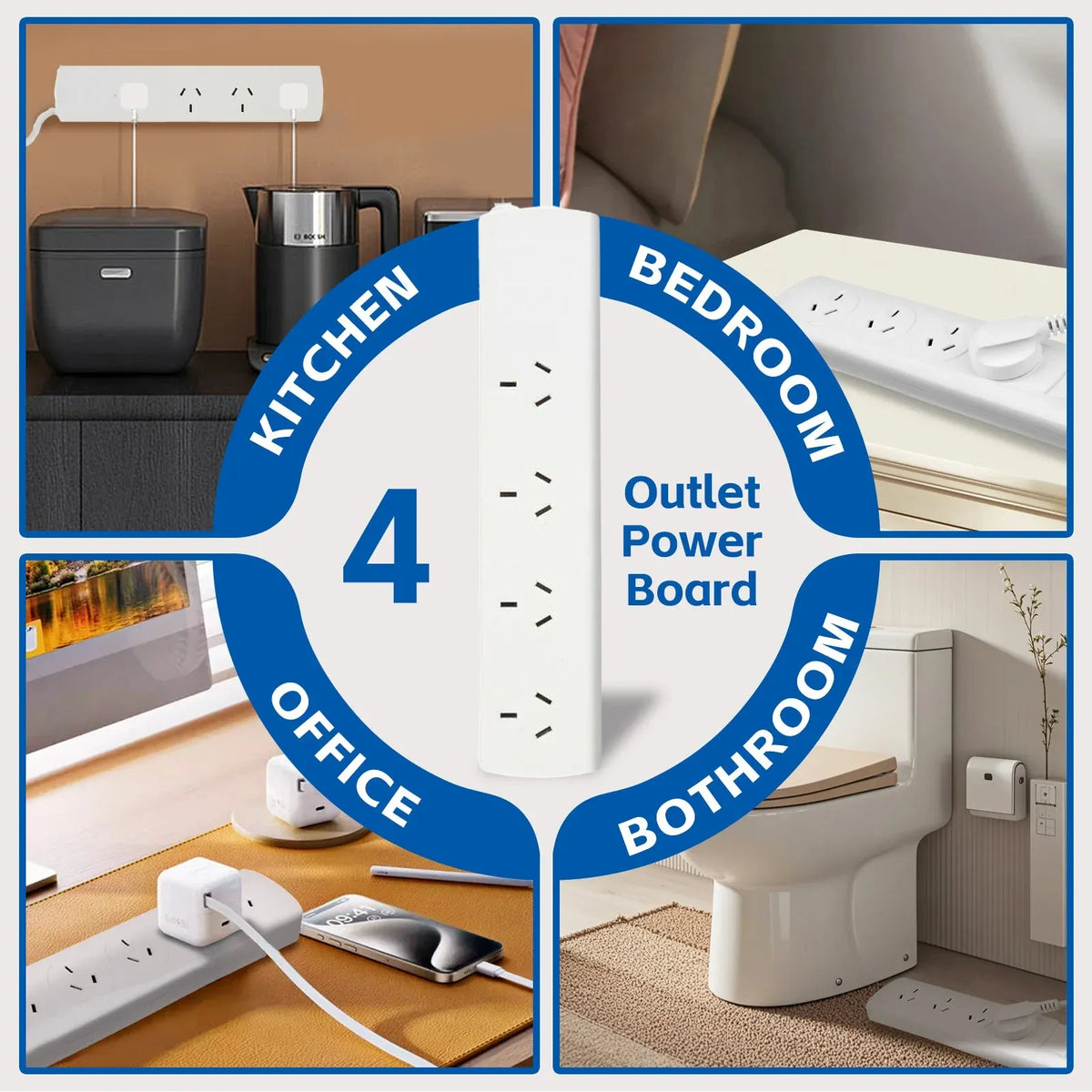 4 Outlet Power Board With Surge Protection with Individual Switches 1M Lead Cable