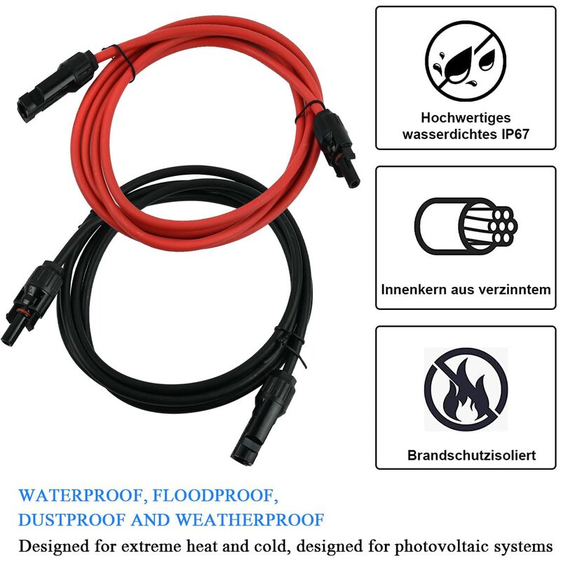 Solar Photovoltaic Extension Line Solar Panel Extension Cable With Mc4 Connector Red + Black Pair, 14Awg 3 Meters / 10