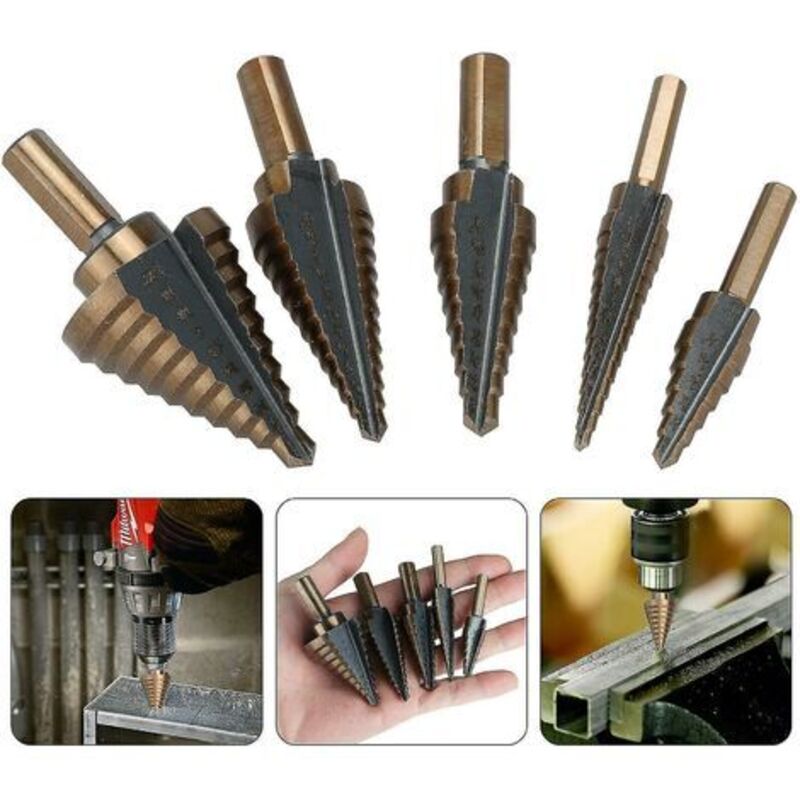 5 pcs Metal Step Drill Bit, 5-35Mm Hss Titanium Conical Triangle Metal Step Cutter For Steel, Wood, Brass, Aluminum, Pvc