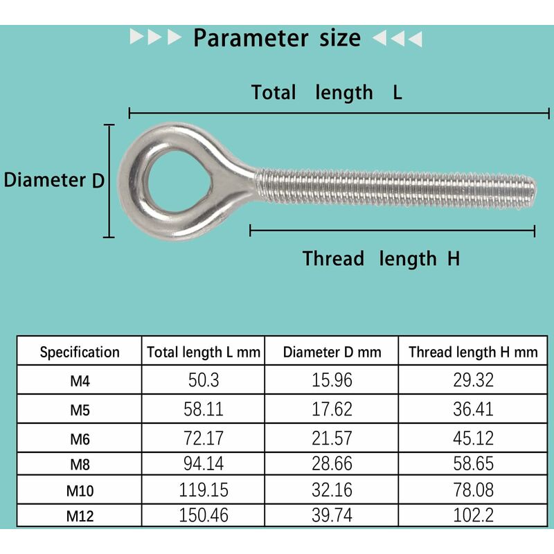 M6 304 Stainless Steel Ring Long Screw Threaded ROd Ring Bolt 10 pcs