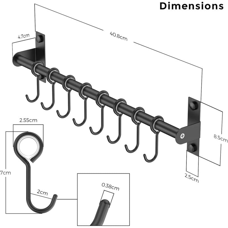 Wall Mounted Stainless Steel Utensil Holder With 8 Sliding Hooks