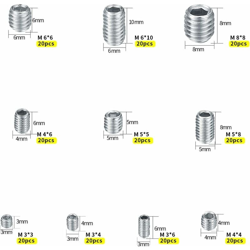 200 pcs Stainless Steel Grub Screws, M3 M4 M5 M6 M8 Machine Screws, Assortment Kit Fasteners Grub Screws