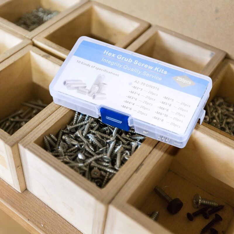 200 pcs Stainless Steel Grub Screws, M3 M4 M5 M6 M8 Machine Screws, Assortment Kit Fasteners Grub Screws
