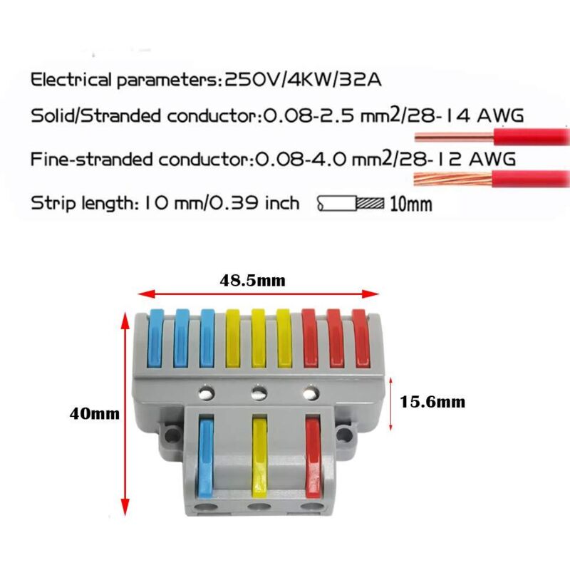 Electrical Connector, 6 pcs 3 In 9 Out Compact Conductor Connector, Cable Terminal Block Quick Spring Connector, With