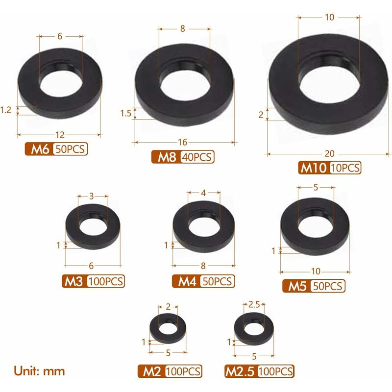 500 pcs Black Plastic Washers Lock Washers Fasteners, Self-Locking Washer Assortment Mechanical Washer M2.5 M3 M4 M5 M6