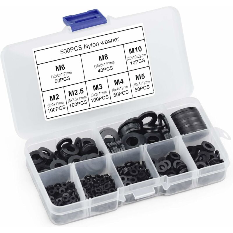 500 pcs Black Plastic Washers Lock Washers Fasteners, Self-Locking Washer Assortment Mechanical Washer M2.5 M3 M4 M5 M6