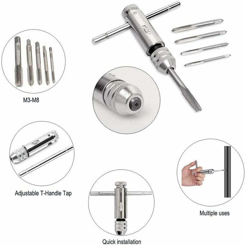 T Bar Handle Ratchet Tap Holder, Adjustable Tap Wrench With 5 pcs M3-M8 3Mm-8Mm Metric T-Shaped Plug Machine Screw