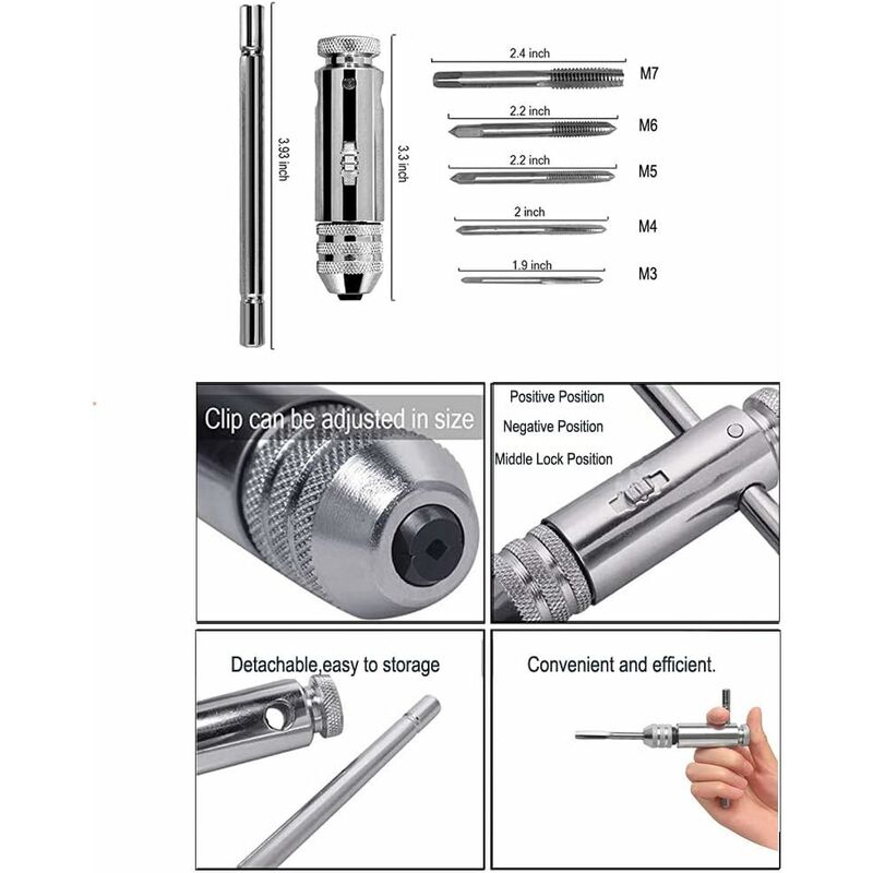 T Bar Handle Ratchet Tap Holder, Adjustable Tap Wrench With 5 pcs M3-M8 3Mm-8Mm Metric T-Shaped Plug Machine Screw