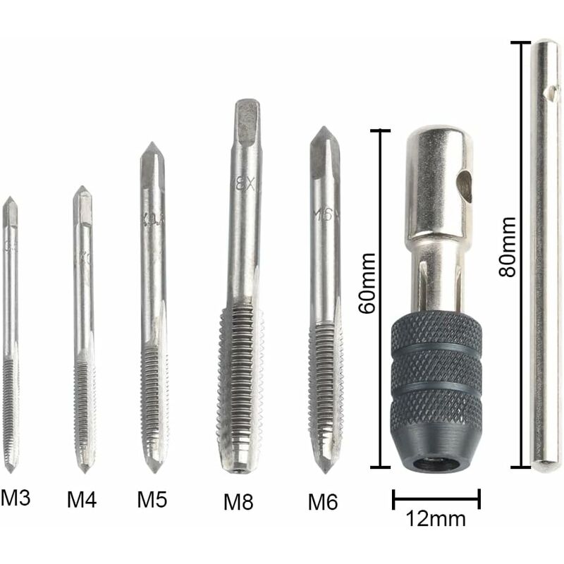 5 pcs Metric Hand Straight Flute Taps Assortment M3 M4 M5 M6 M8 With 1Pc Adjustable Wrench, Steel Thread Tap Set With