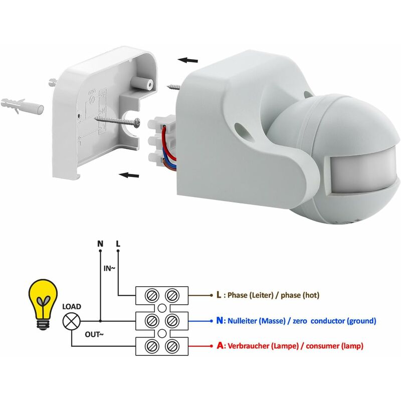 1X Infrared Motion Detector Surface Wall Mount Indoor Outdoor Splashproof 180° Tiltable Working Area 12M Range White