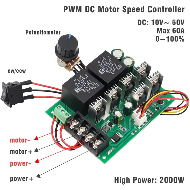 Dc Motor Controller, 9-50V 40A Reversible DC Motor Speed Controller
